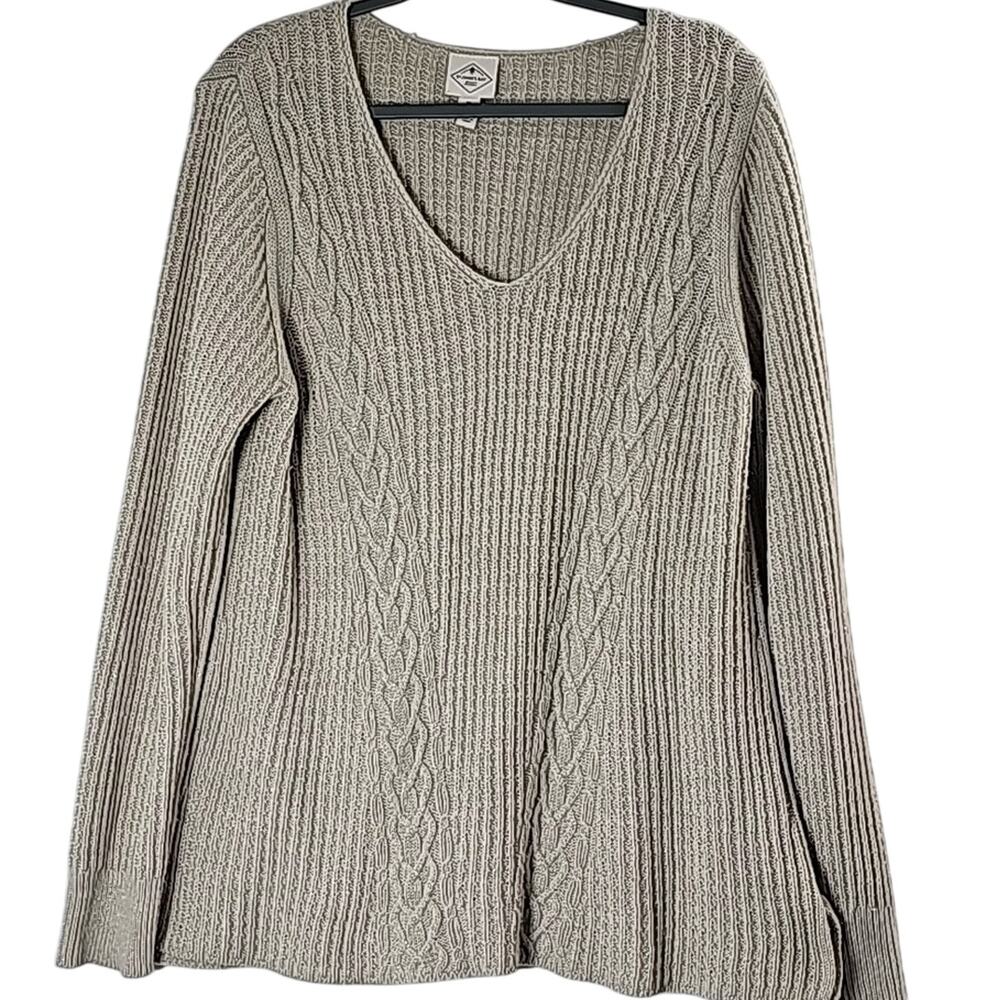 Womens Sz XL Tan Silver Metallic Thread Cable Knit V-neck Tunic Sweater